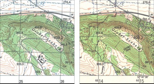 Tarnungsvorlage & AV-Karte (2) Abb. 13: Ausschnitt aus der Topographischen Karte 1:25.000 (Ausgabe Staat), Blatt M-32-46-B-a (Gotha O). Abb. 14: Ausschnitt aus der Topographischen Karte 1:25.000 (Ausgabe für die Volkswirtschaft), Blatt Gotha O.