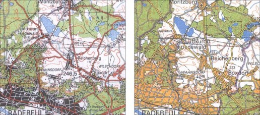 Tarnungsvorlage und AV-Karte (3) Abb. 15: Ausschnitt aus der Topographischen Karte 1:100.000 (Ausgabe Staat), Blatt Dresden. Abb. 16: Ausschnitt der Topographischen Karte 1:100.000 (Ausgabe für die Volkswirtschaft), Blatt Dresden.