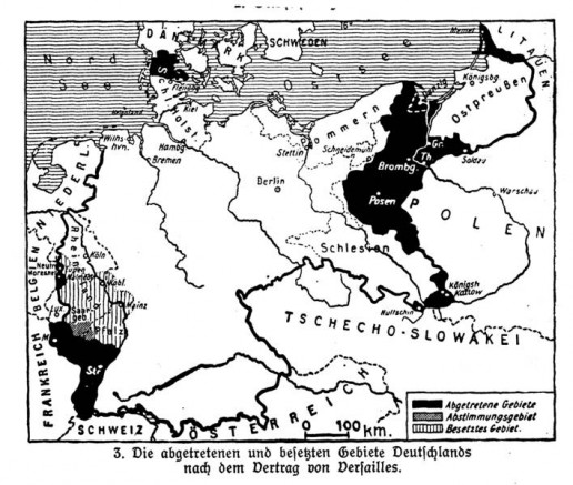 Die abgetretenen und besetzten Gebiete Deutschlands nach dem Vertrag von Versailles Abbildung 1: „Die abgetretenen und besetzten Gebiete Deutschlands nach dem Vertrag von Versailles“, aus: E. von Seydlitzsche Geographie für höhere Lehranstalten. 1. Heft: Das Deutsche Reich (1929:4)