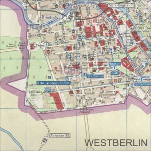 Stadtplan Hauptstadt der DDR Abbildung 1: Stadtplan Hauptstadt der DDR. Westberlin als weiße Fläche, unbewohntes Gebiet also, aber gut mit einer S-Bahn erschlossen und durch Übergangsstellen zugänglich. VEB Tourist Verlag 1988.