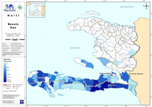Abbildung 2: Haiti nach Wirbelstürmen Hanna und Ike - Notwendiger Wasserbedarf pro Tag pro Region.
