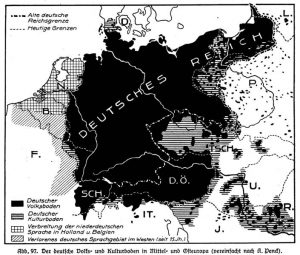 Der deutsche Volks- und Kulturboden in Mittel- und Osteuropa (vereinfacht nach A. Penck) Abbildung 2: Der deutsche Volks- und Kulturboden in Mittel- und Osteuropa (vereinfacht nach A. Penck)“, aus: Teubners Erdkundliches Unterrichtswerk Bd. 1: Deutschland (1930: 117)