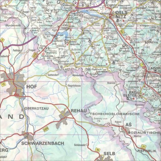 Grenzgebiet der DDR Abbildung 2: Grenzgebiet der DDR. Bundesrepublik Deutschland und CSSR sind mit einer „verdünnten“ Landschaft ausgestattet. Reise- und Verkehrskarte 1:200.000, Blatt 7. VEB Tourist Verlag 1978.
