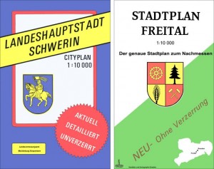 Umschlagtitel von Stadtplänen Abbildung 3: Umschlagtitel von Stadtplänen, die mit „Unverzerrt“ und „Neu – ohne Verzerrung“ auf nunmehr unverfälschten Karteninhalt hinwiesen (Landesvermessungsamt Mecklenburg-Vorpommern und Verlag Geodäsie und Kartographie um 1990).