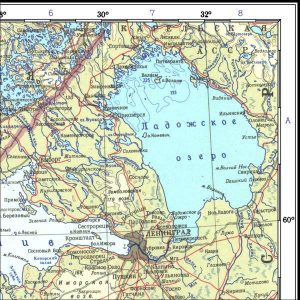 Kartenausschnitt aus dem Atlas Mira Abbildung 7: Kartenausschnitt aus dem Atlas Mira, Auflage 1967: Die Städte Sestroreck und Salmi liegen falsch östlich des 30°- bzw. des 32°-Meridians.