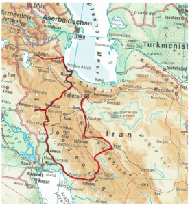 Abb. 1 Verlauf der Reiseroute durch den Iran; Karte entnommen aus: Diercke Taschenatlas der Welt, 13. Aufl., dtv, 2001, S. 104; © Westermann Gruppe