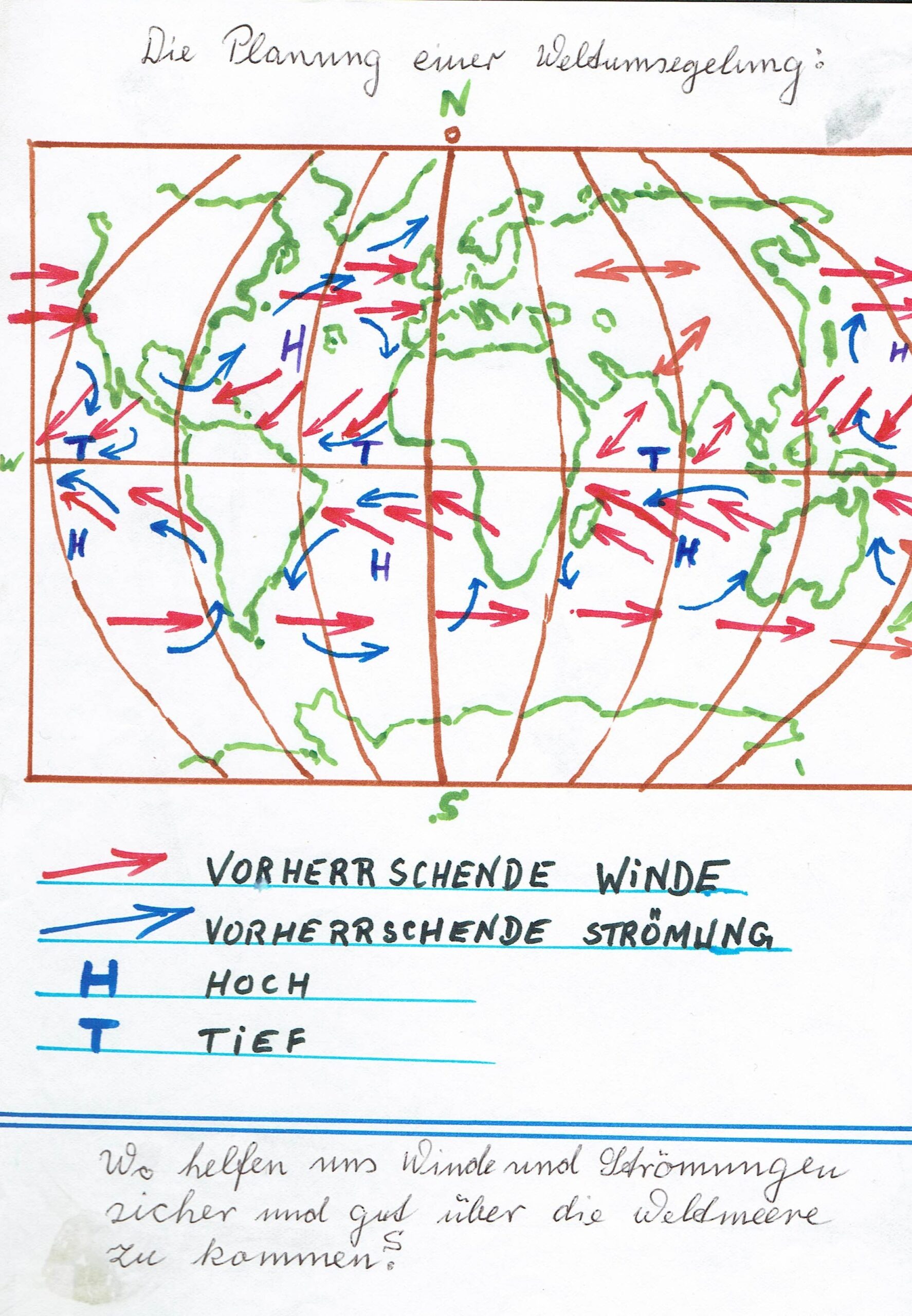 Handgemalte Karte mit Winden und Strömungen zur Planung